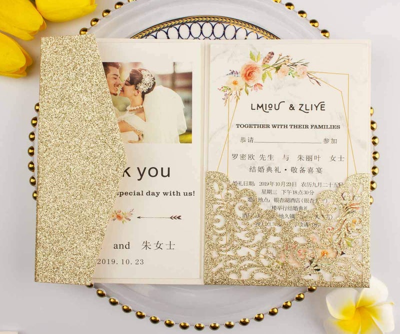Lucky Star 25 set 5"x7.28" Light Gold Glitter Vine Tri Fold Pocketfold Wedding Invitations Cards Laser Cut Hollow Carving Greeting invites pockets with envelopes RSVP cards inserts (Light gold glitter) - Image 4