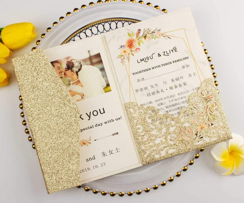 Lucky Star 25 set 5"x7.28" Light Gold Glitter Vine Tri Fold Pocketfold Wedding Invitations Cards Laser Cut Hollow Carving Greeting invites pockets with envelopes RSVP cards inserts (Light gold glitter) - Image 5