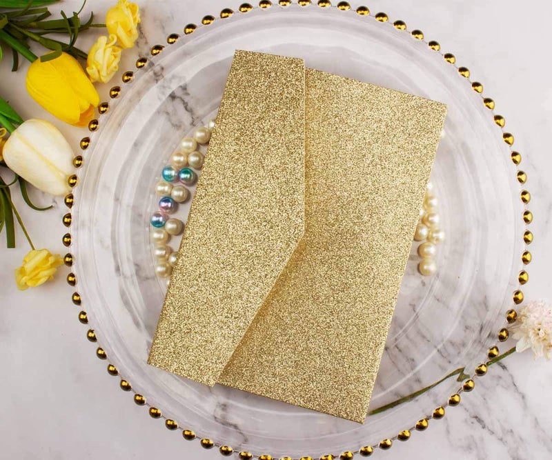 Lucky Star 25 set 5"x7.28" Light Gold Glitter Vine Tri Fold Pocketfold Wedding Invitations Cards Laser Cut Hollow Carving Greeting invites pockets with envelopes RSVP cards inserts (Light gold glitter) - Image 2
