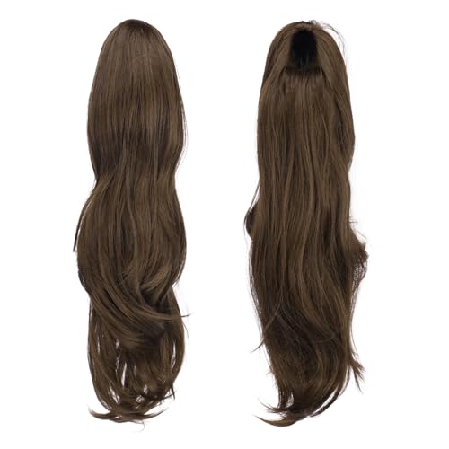 FESHFEN Drawstring Ponytail Extension Natural Long Wavy Layered Synthetic Pony Tails Moss Brown Hair Extensions Hairpieces for Women 20 inch - Image 3