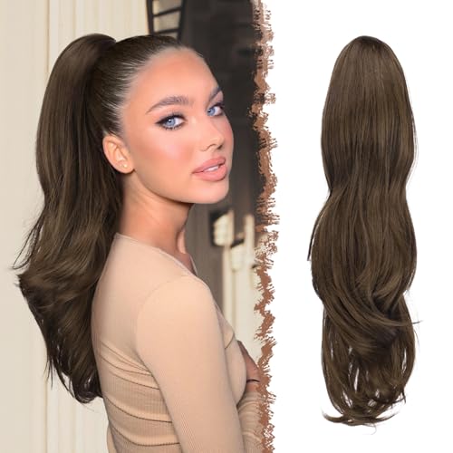FESHFEN Drawstring Ponytail Extension Natural Long Wavy Layered Synthetic Pony Tails Moss Brown Hair Extensions Hairpieces for Women 20 inch - Image 1