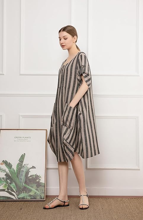 Minibee Women's Ruffle Oversize Casual Midi Dresses with Pockets Style 2 Black Stripe XXL - Image 3