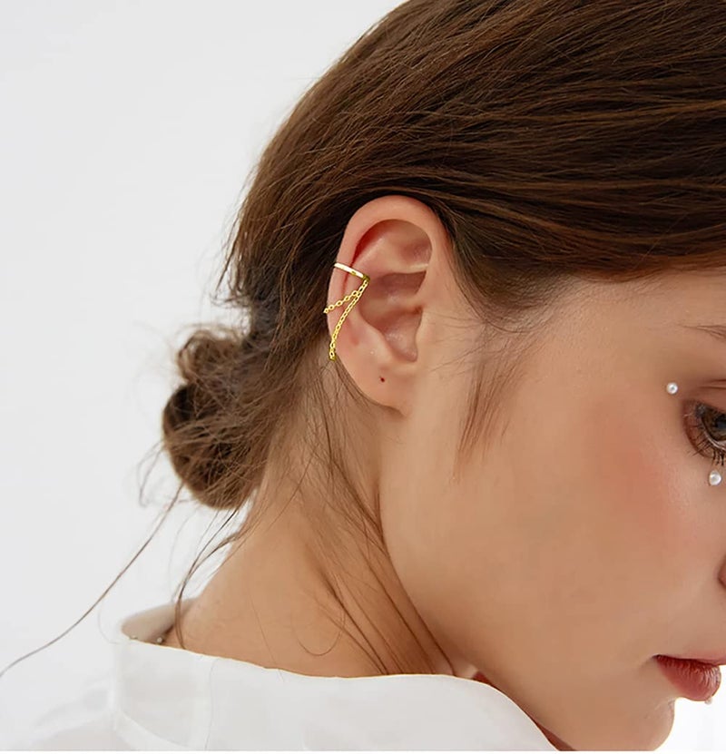 Reffeer Solid 925 Sterling Silver Cuff Earrings Chain for Women Teens Cartilage Wrap Earrings Helix Cuffs (B-18K Gold) - Image 2