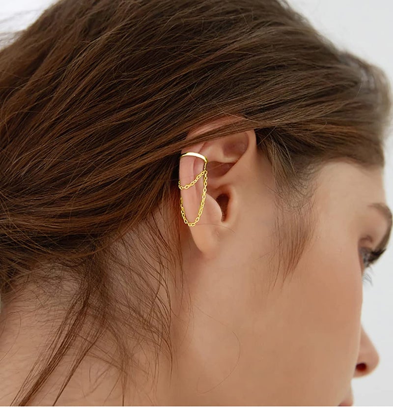 Reffeer Solid 925 Sterling Silver Cuff Earrings Chain for Women Teens Cartilage Wrap Earrings Helix Cuffs (B-18K Gold) - Image 3