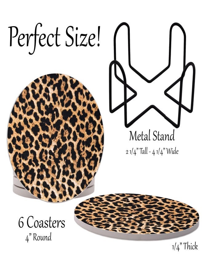 DAJDC Exotic Leopard Brown Round Coasters Set of 6 - Abosrbent Ceramic with Metal Stand for Drinks, Coffee, Non-Slip Cork Back (Leopard) - Image 2