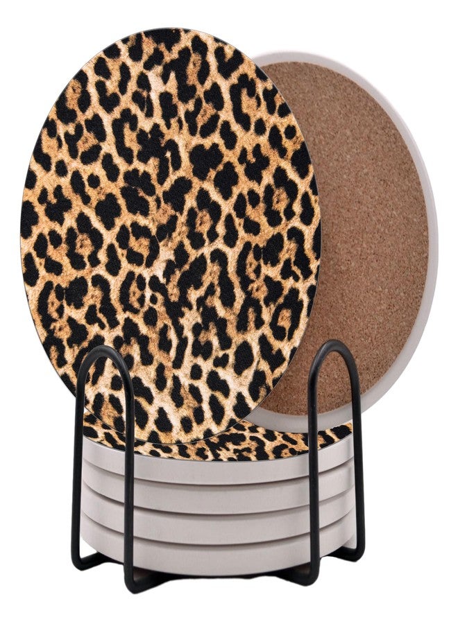 DAJDC Exotic Leopard Brown Round Coasters Set of 6 - Abosrbent Ceramic with Metal Stand for Drinks, Coffee, Non-Slip Cork Back (Leopard) - Image 1