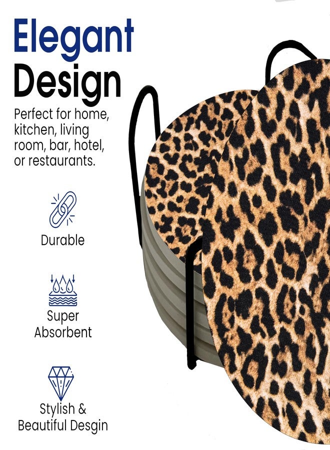 DAJDC Exotic Leopard Brown Round Coasters Set of 6 - Abosrbent Ceramic with Metal Stand for Drinks, Coffee, Non-Slip Cork Back (Leopard) - Image 4