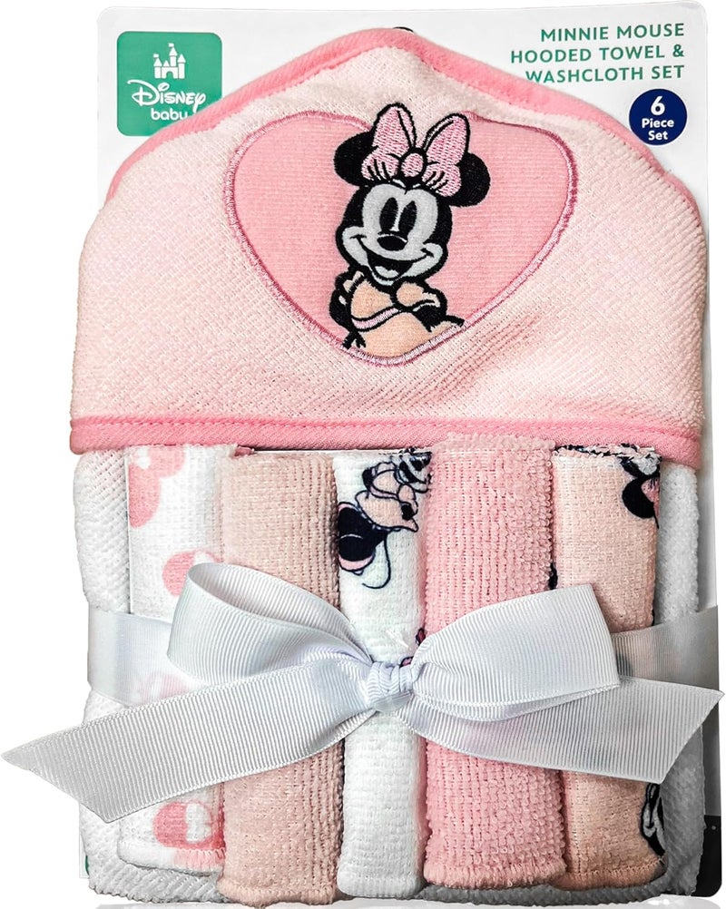 Cudlie Minnie Mouse Bath Towel Set  Disney Minnie Mouse Hooded Baby Bath Towel  Minnie Hoodie Towels  5 Wash Cloths  Baby Newborn Essentials  Soft Plush  PinkWhite  Officially Licensed - Image 1
