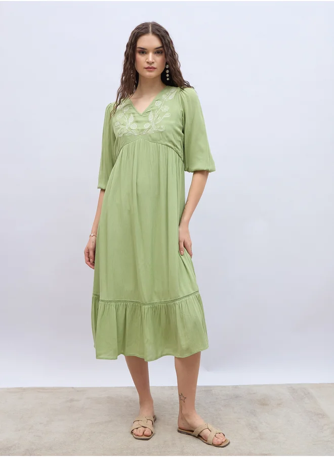 Styli Styli Embroidered V Neck A-Line Midi Dress