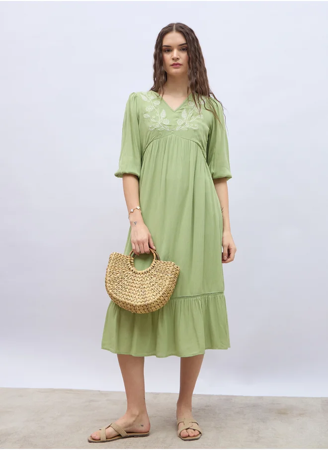 Styli Styli Embroidered V Neck A-Line Midi Dress