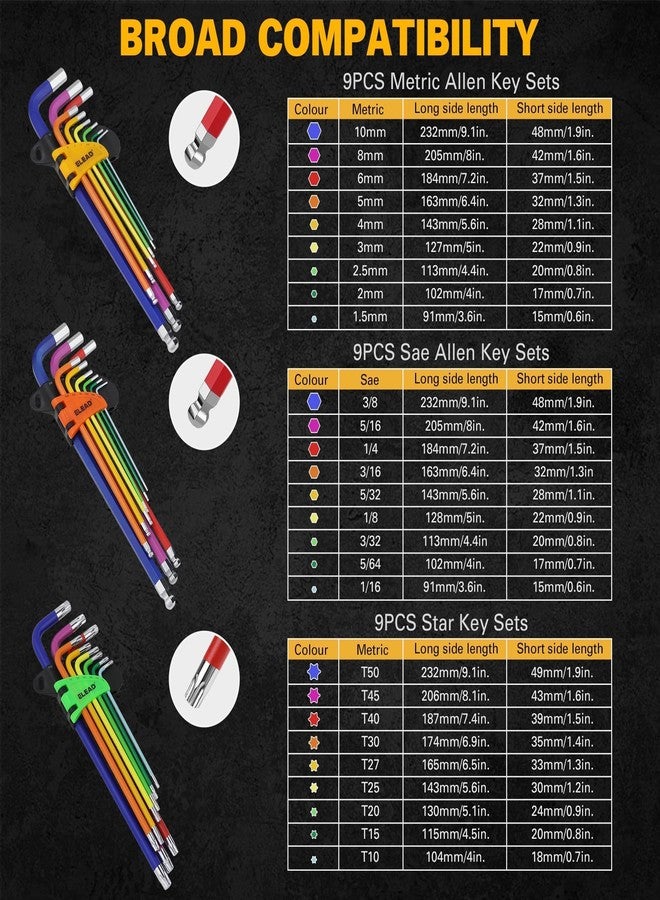 ELEAD مجموعة مفاتيح ألين سداسية من ELEAD: مجموعة من 29 قطعة من مفاتيح ألين بألوان قوس قزح، بذراع طويل وطرف كروي، ومفاتيح توركس نجمية قياسية مترية SAE مع مقبض على شكل حرف T وقضيب تمديد - Image 2