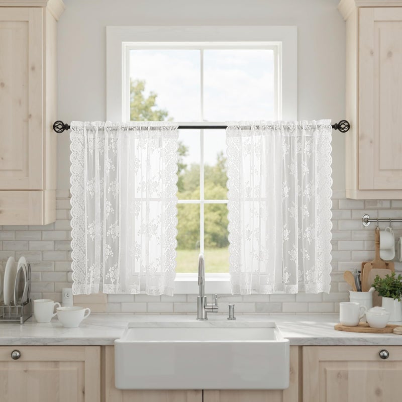 Kotile Ivory Lace Curtains 36 Inch Length 2 Panels, Country Rustic Floral Lace Curtains Short for Kitchen Window, Rod Pocket Privacy Lace Cafe Curtains, 42 x 36 Inch Each, 1 Pair, Ivory - Image 2
