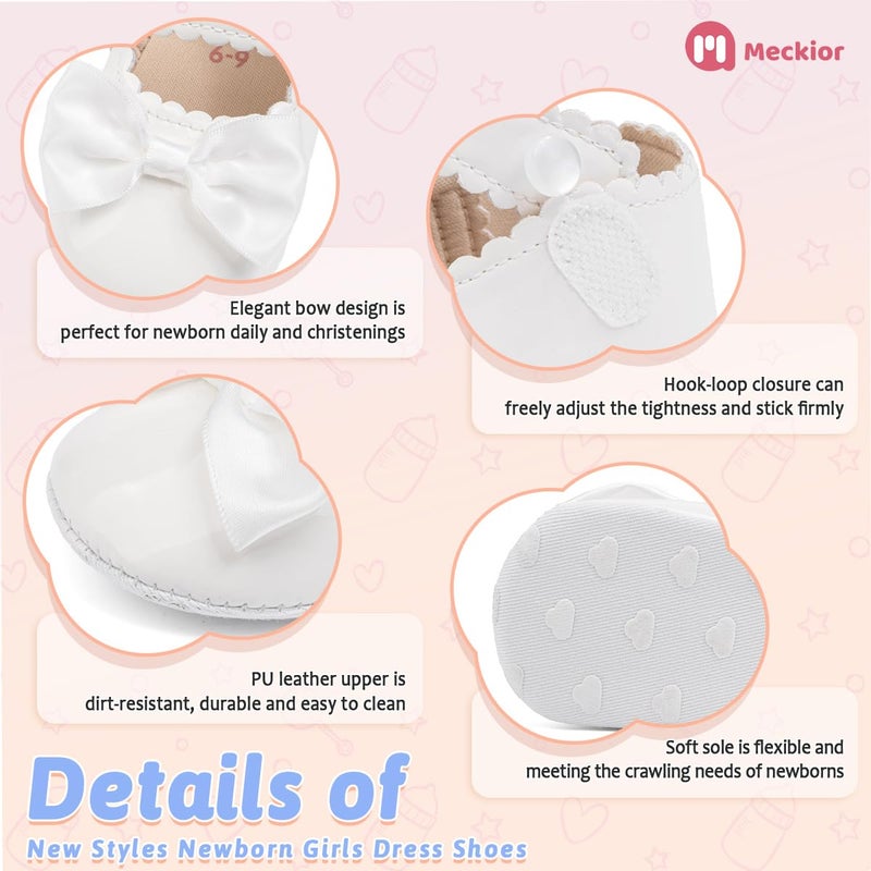 Meckior Newborn Baby Girls Dress Shoes Infant Bowknot Soft Sole Mary Jane Moccasins Baptism Christening Crib Shoes Wedding Princess Flats - Image 5