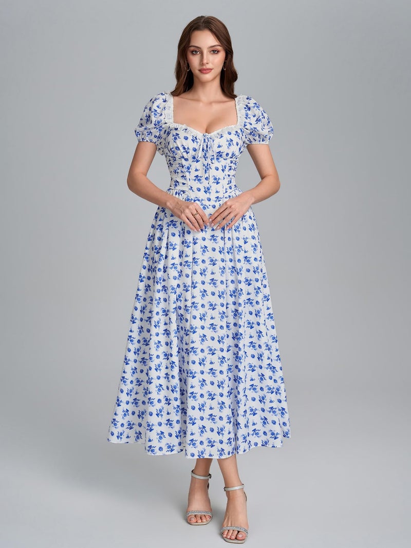 EYNMIN Floral Corset Midi Summer Wedding Guest Dresses for Women Lace Up Puff Sleeve Flowy A Line Milkmaid Dress with Pocket Bluefloral - Image 2
