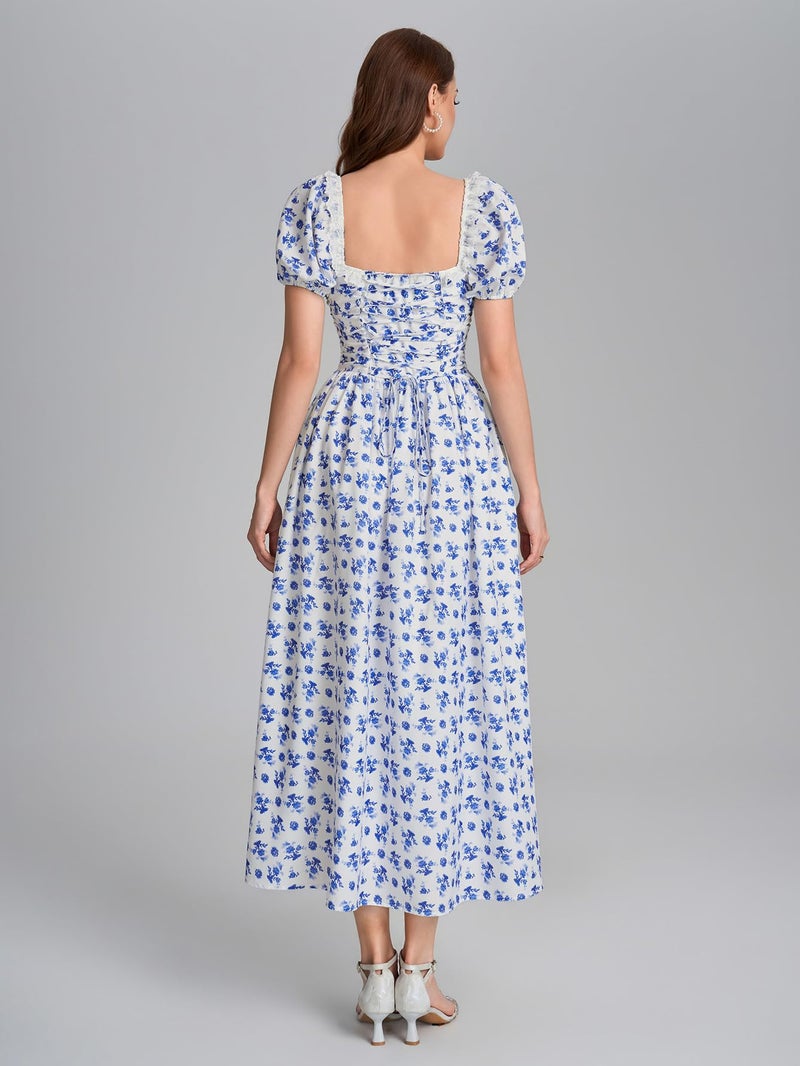EYNMIN Floral Corset Midi Summer Wedding Guest Dresses for Women Lace Up Puff Sleeve Flowy A Line Milkmaid Dress with Pocket Bluefloral - Image 3