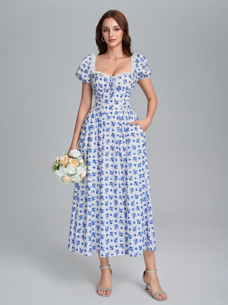 EYNMIN Floral Corset Midi Summer Wedding Guest Dresses for Women Lace Up Puff Sleeve Flowy A Line Milkmaid Dress with Pocket Bluefloral - Image 4
