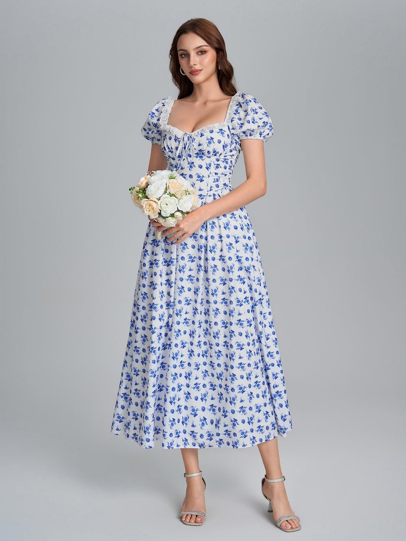 EYNMIN Floral Corset Midi Summer Wedding Guest Dresses for Women Lace Up Puff Sleeve Flowy A Line Milkmaid Dress with Pocket Bluefloral - Image 5