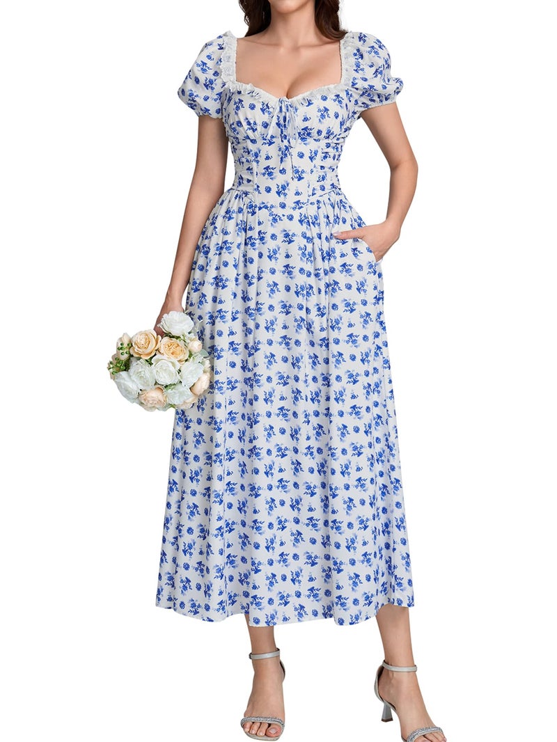 EYNMIN Floral Corset Midi Summer Wedding Guest Dresses for Women Lace Up Puff Sleeve Flowy A Line Milkmaid Dress with Pocket Bluefloral - Image 1