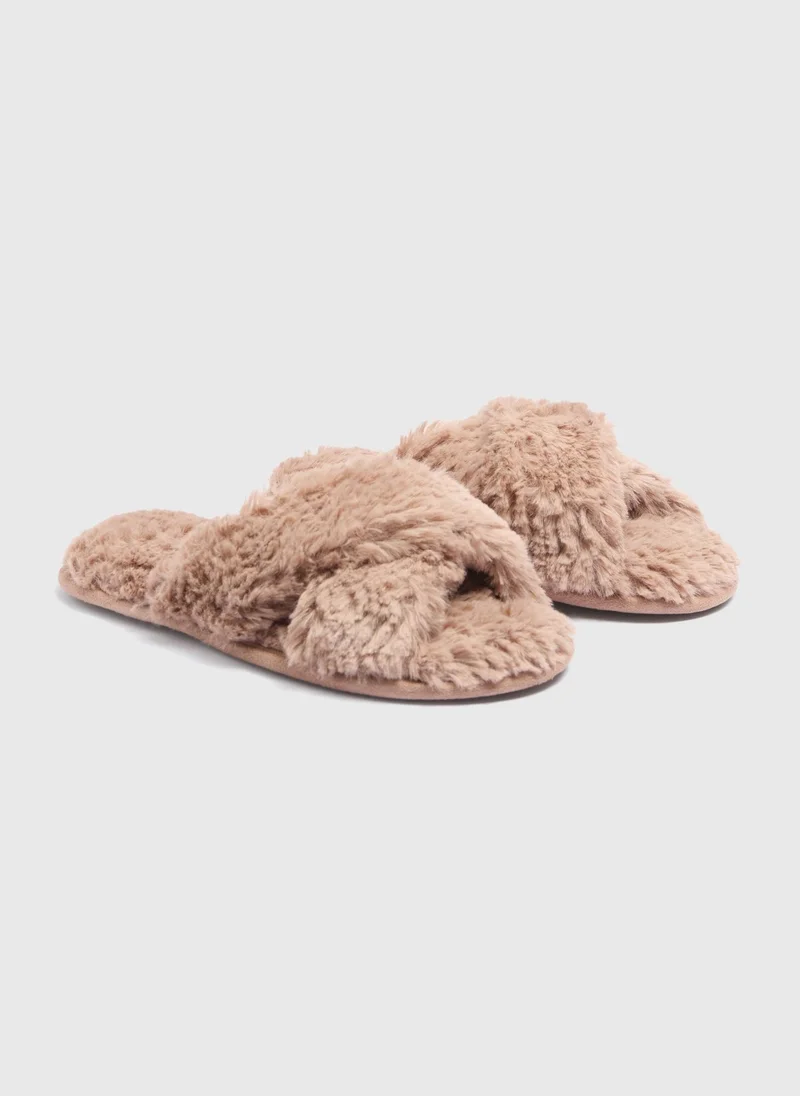 ماتلان Brown Teddy Cross Strap Slippers