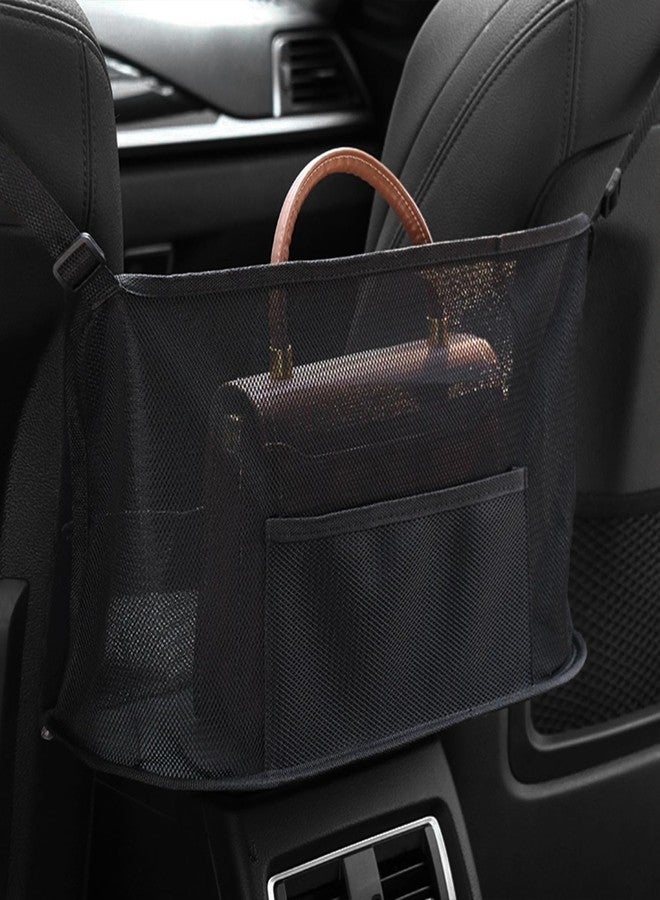 HEVLE Car Net Pocket Handbag Holder - Auto Net Pocket Purse Holder Between Front Seats Car Storage Organizer, Universal Interior Accessories Barrier of Backseat Pet Kids (Black) - Image 1