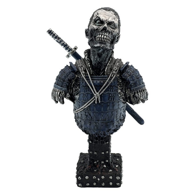 RESIN UNDEAD JAPANESE SAMURAI ZOMBIE BUST STATUE SCULPTURE ORNAMENT FIGURINE CRAFT FOR HOME HOUSE LIVING ROOM PORCH DECORATION OFFICE DESK DESKTOP TABLE ARRANGEMENT GIFT BLUE