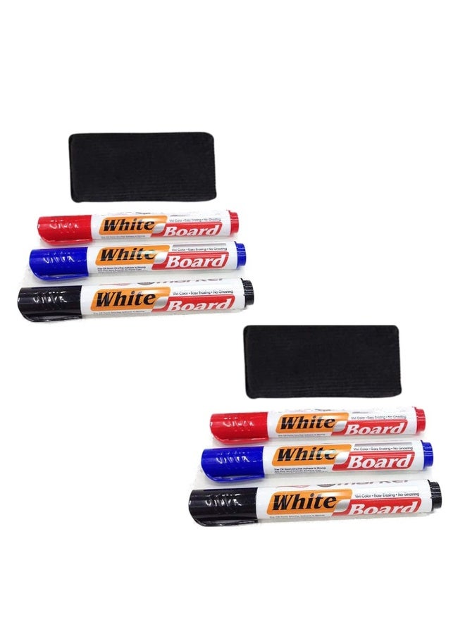 Dry Erase White Board Markers Pens Set with Duster Cleaner Eraser Multicolour, Fine Tip Point - pack of 2 - Image 1