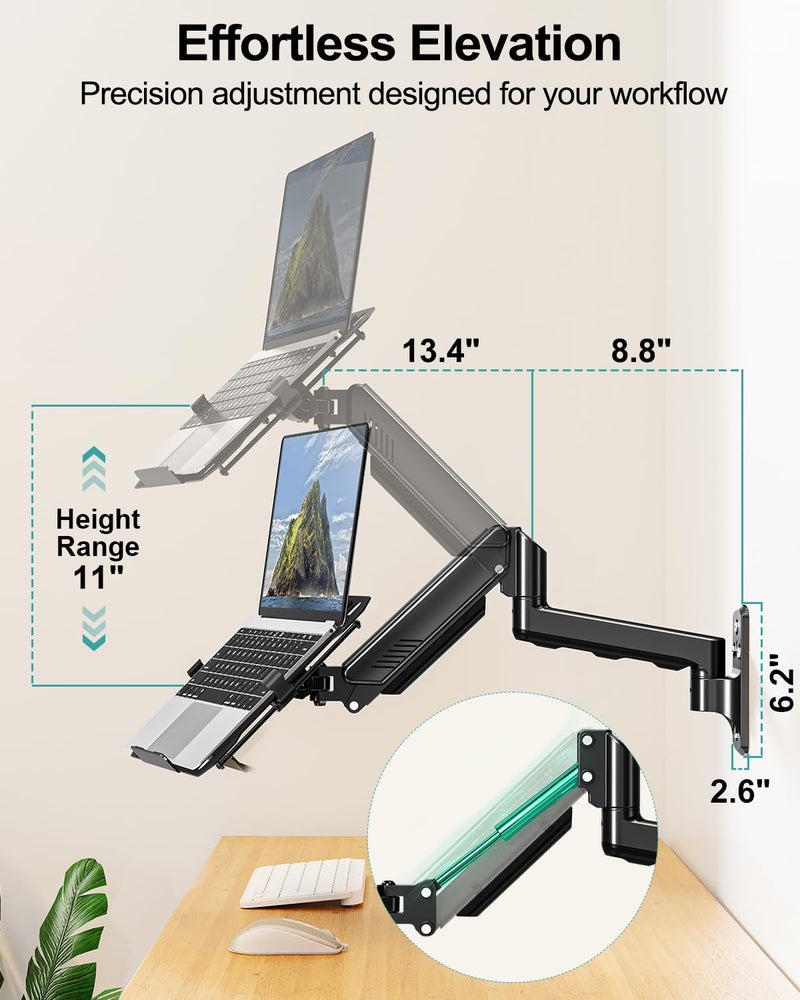 MOUNT PRO Laptop Wall Mount, 2-in-1 Monitor Wall Mount with Vented Tray for 11-17" Notebook/13-32 Computer Screen, Full Motion Adjustable Laptop Holder Stand, Gas Spring Laptop Arm Holds 4.4-22 lbs - Image 5
