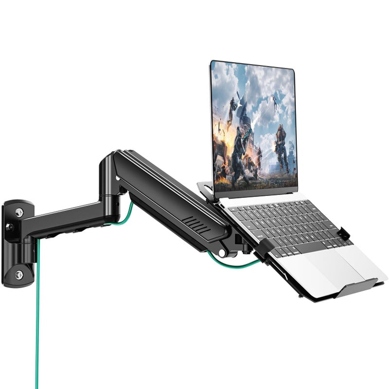 MOUNT PRO Laptop Wall Mount, 2-in-1 Monitor Wall Mount with Vented Tray for 11-17" Notebook/13-32 Computer Screen, Full Motion Adjustable Laptop Holder Stand, Gas Spring Laptop Arm Holds 4.4-22 lbs - Image 1