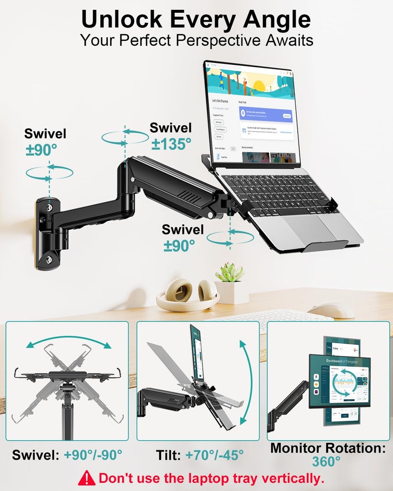 MOUNT PRO Laptop Wall Mount, 2-in-1 Monitor Wall Mount with Vented Tray for 11-17" Notebook/13-32 Computer Screen, Full Motion Adjustable Laptop Holder Stand, Gas Spring Laptop Arm Holds 4.4-22 lbs - Image 4