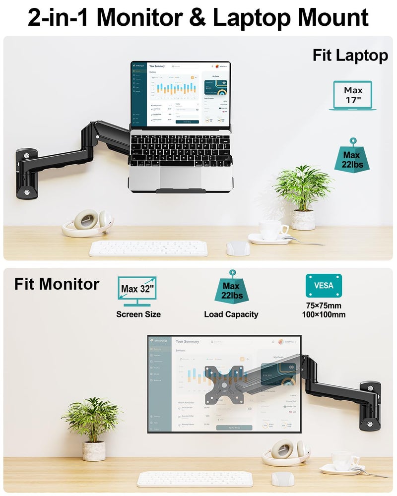 MOUNT PRO Laptop Wall Mount, 2-in-1 Monitor Wall Mount with Vented Tray for 11-17" Notebook/13-32 Computer Screen, Full Motion Adjustable Laptop Holder Stand, Gas Spring Laptop Arm Holds 4.4-22 lbs - Image 2