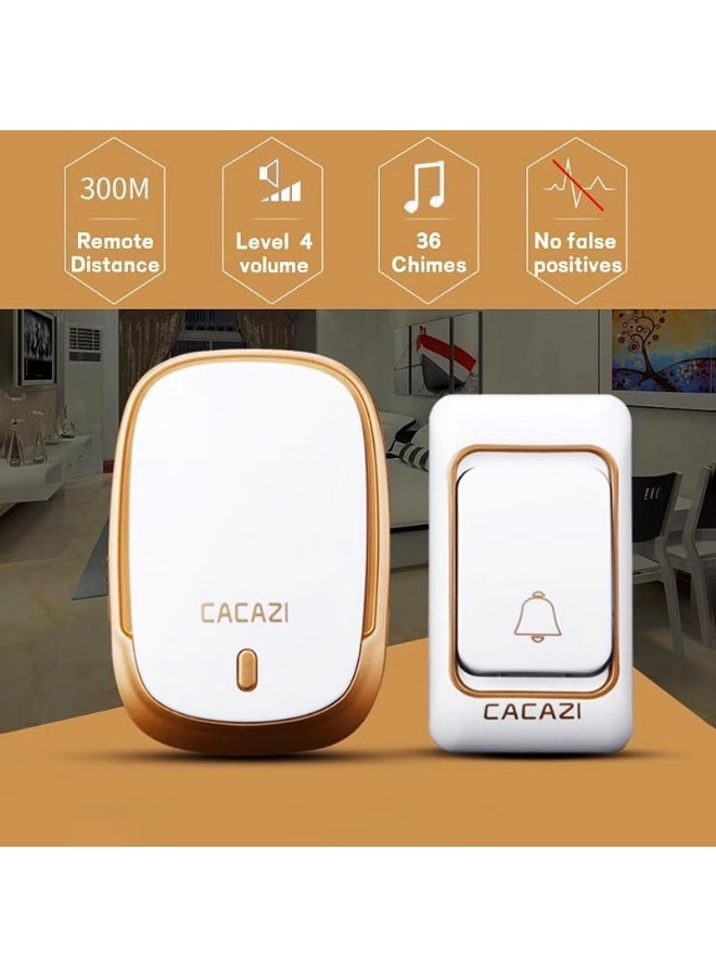 CACAZI Waterproof Wireless Doorbell, 300M Long Range, Waterproof Doorbell with 36 Chimes and 4 Levels of Volume, Cordless Doorbell for Home, Office Apartment, Hotel and Warehouse and Anti-Theft, Gold - Image 3
