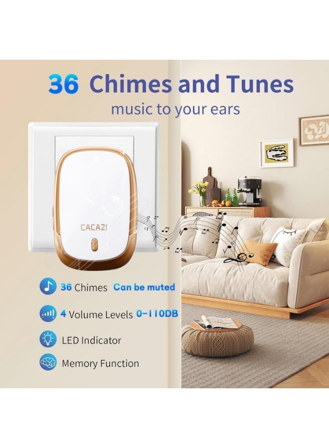 CACAZI Waterproof Wireless Doorbell, 300M Long Range, Waterproof Doorbell with 36 Chimes and 4 Levels of Volume, Cordless Doorbell for Home, Office Apartment, Hotel and Warehouse and Anti-Theft, Gold - Image 4