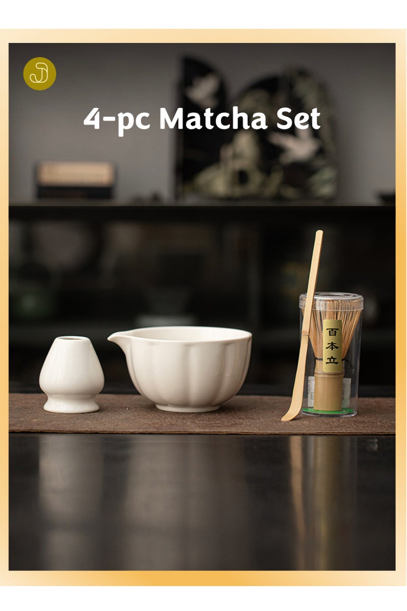 JOYYE 4-piece Japanese Matcha Set, Ceramic Matcha Bowl with pouring spout+Whisk Holder+Bamboo Whisk+Spoon,for Traditional Tea Ceremony-Coarse Ceramic Perfect Handmade Matcha Kit to Prepare Traditional Matcha Tea, 100% Natural Matcha Gift Kit (White) - Image 1