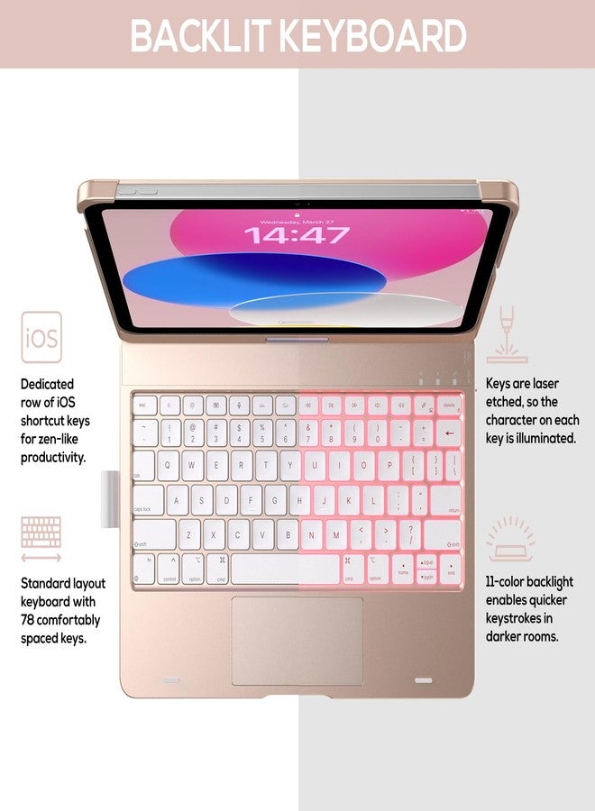 typecase Touch iPad 11th 10th Generation Case with Keyboard (11" 2025, A16 & 10.9" 2022) - 360° Rotatable, 11-Color Backlit, Multi-Touch Trackpad, Pencil Holder, Thin & Light - Rose Gold - Image 4