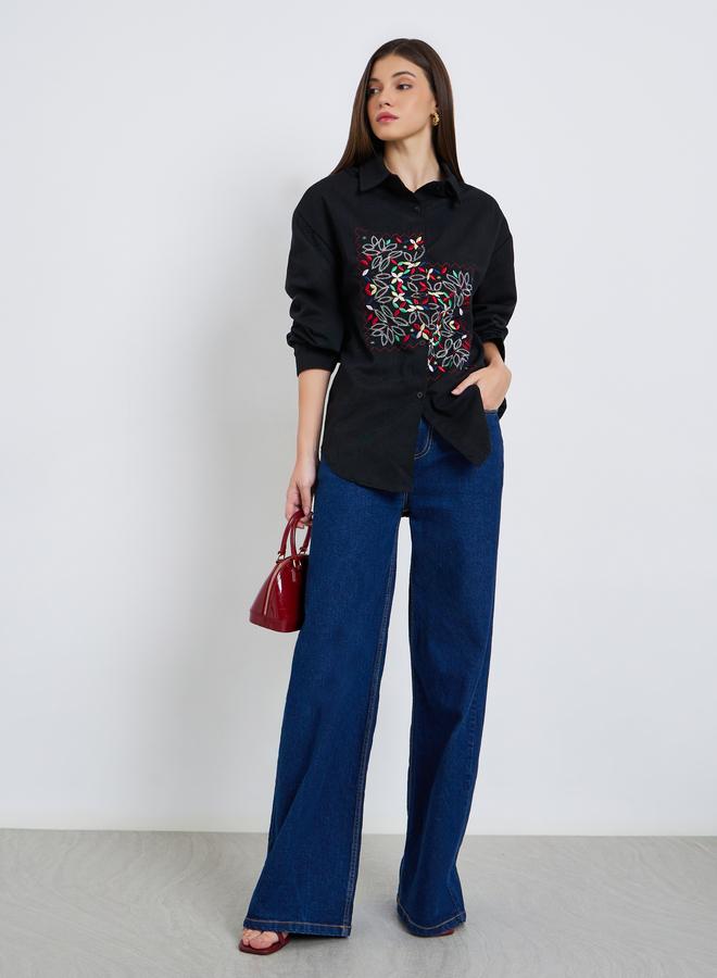 ستايلي بلوزة بأكمام طويلة ومُطرّزة بزهور - Image 2