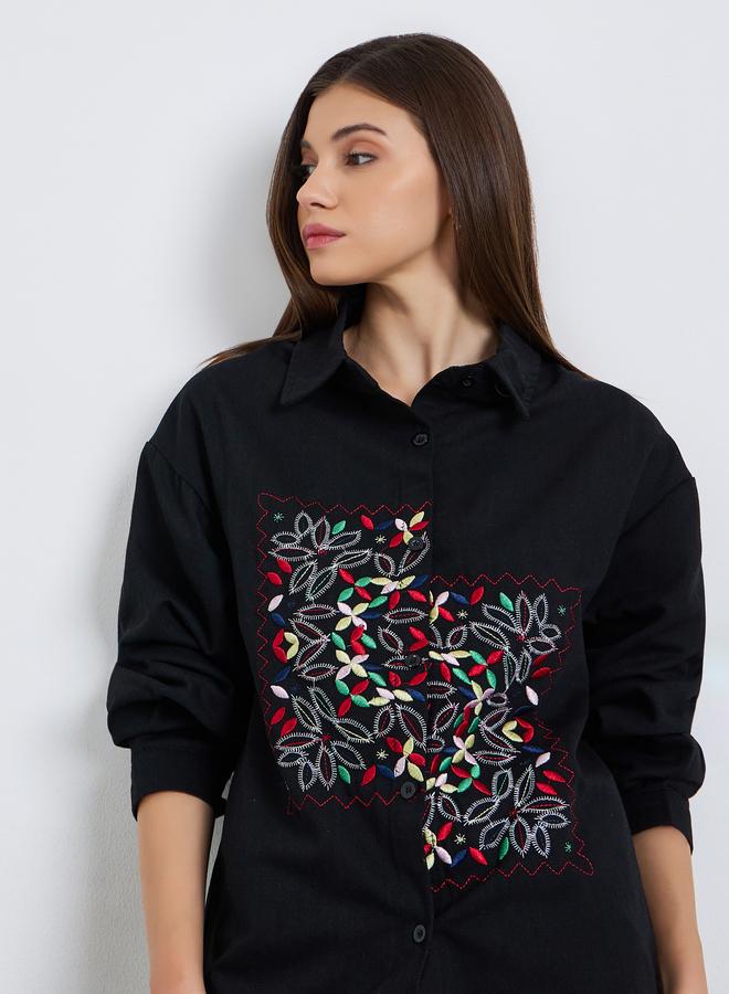 ستايلي بلوزة بأكمام طويلة ومُطرّزة بزهور - Image 1