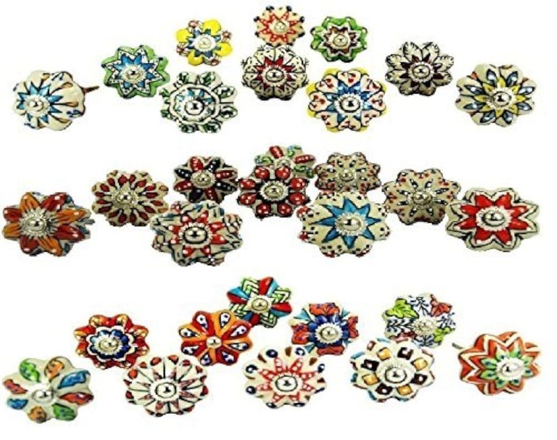 Jgarts Dotted Mix Color Multi Designed Ceramic Cupboard Cabinet Door Knobs Drawer Pulls & Chrome Hardware - Hand Painted Pulls Set Of 20 - Image 1