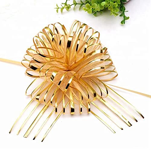 3A Featuretail 20pc Big Organza Pull Bow Flower Ribbon 2InchX35 Inch Long Tulle Tails for Gift Wrap, Wedding &Christmas Gift. 6Inchx6Inch Ready Size (Golden Color, Set of 20) - Image 5