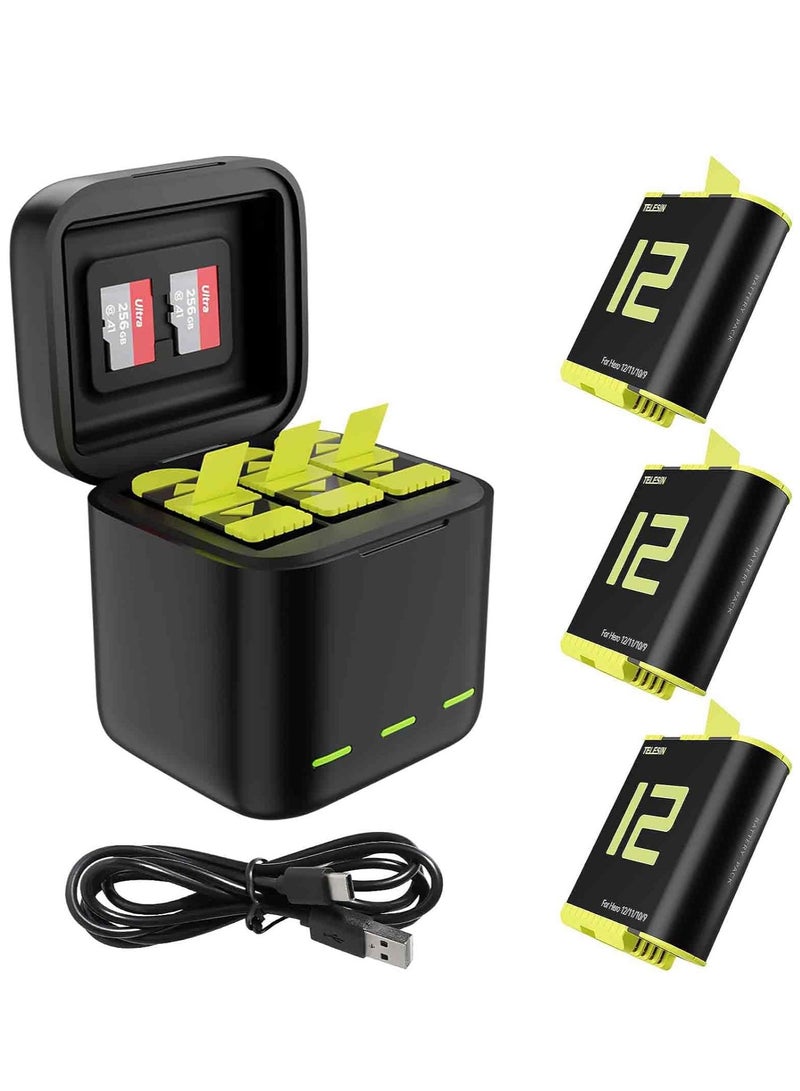 SYOSI Battery Charger Kit for Go Pro Hero 12 Hero 11 Hero 10 Hero 9 Black, Triple Charge Case w Type-C Charging Cord Fully Compatible with Go Pro 12 11 10 9 Camera Accessories(3-Pack) - Image 1