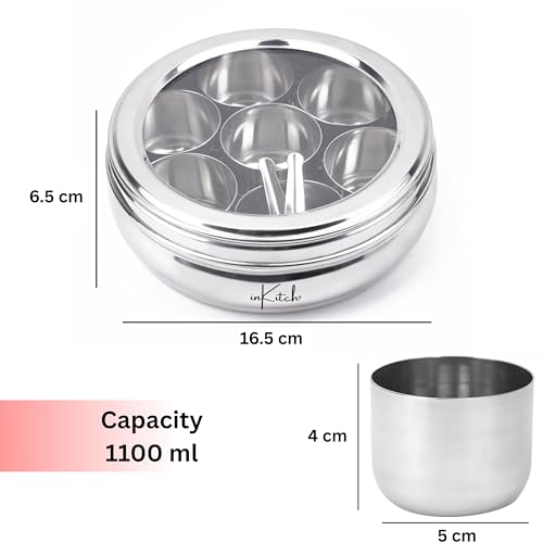 inKitch Stainless Steel Belly Shape Kitchen Spice Box | Masala Container | Masala Dani with Individual See Through lid with 7 Containers and Small Spoon/Small - Image 3