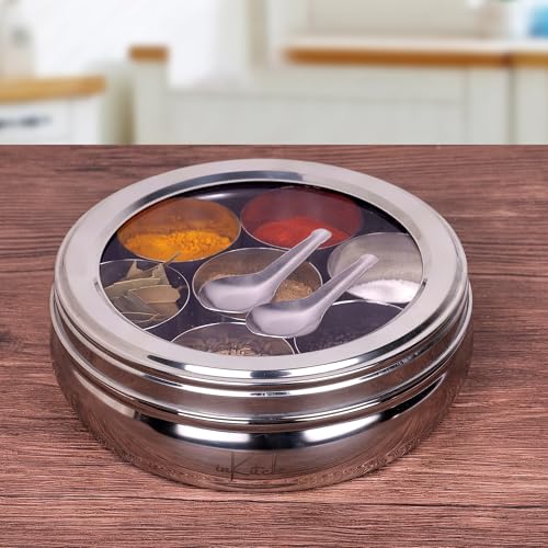 inKitch Stainless Steel Belly Shape Kitchen Spice Box | Masala Container | Masala Dani with Individual See Through lid with 7 Containers and Small Spoon/Small - Image 1