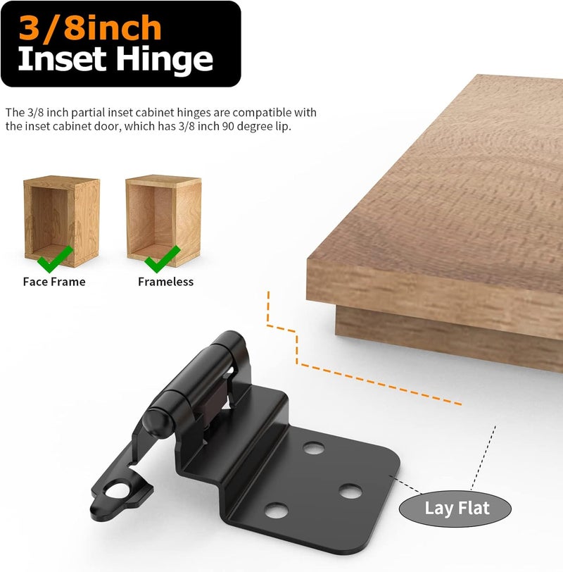 Chibery 3/8 Inch Inset Cabinet Hinges, 2 Pack Self Closing Flush Face Mount Hinges with Door Bumper, Variable Decorative Hardware for Bathroom, Furniture, Kitchen Cabinet Doors, Matte Black - Image 3