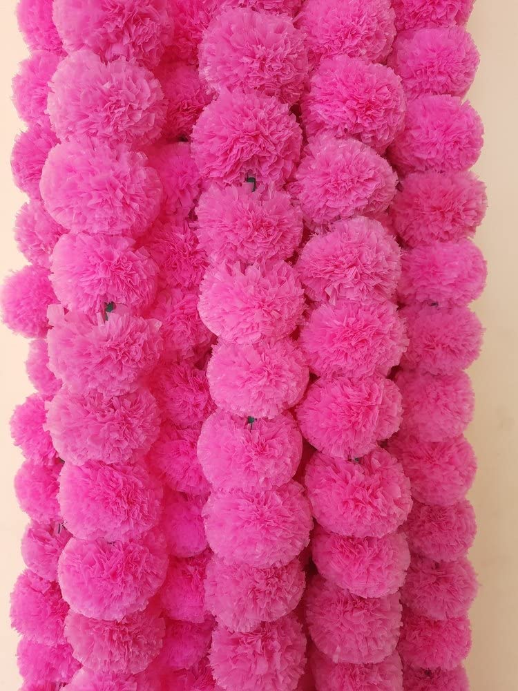 ABHAAS Pack of 10 Artificial Marigold Flowers for Decoration Long Marigold Garlands for Decoration Toran Indian genda phool for Wedding & Festival (4.7Feet/10 Strings) (Pink) - Image 1