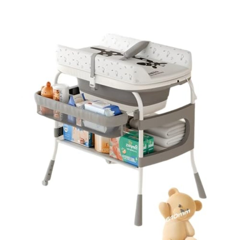 2 IN 1 Portable Baby Changing Table Foldable Bath Tub, with Bathmat Cushion Thermometer, Changing Table Dresser with Basket for Essentials, 3 Position Height Adjustable, for 0-6 Years Boy Girl - Image 1