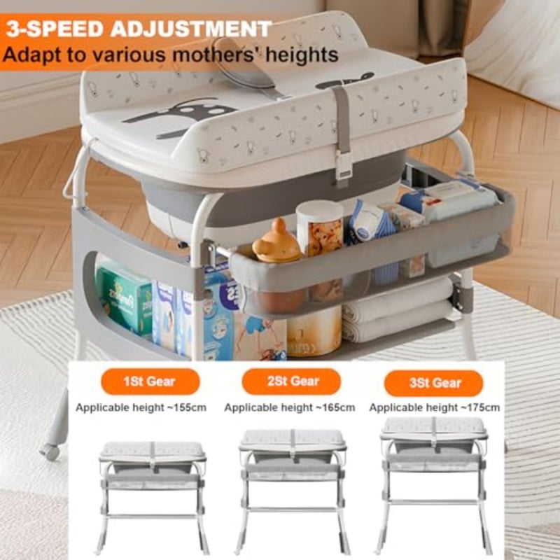 2 IN 1 Portable Baby Changing Table Foldable Bath Tub, with Bathmat Cushion Thermometer, Changing Table Dresser with Basket for Essentials, 3 Position Height Adjustable, for 0-6 Years Boy Girl - Image 4