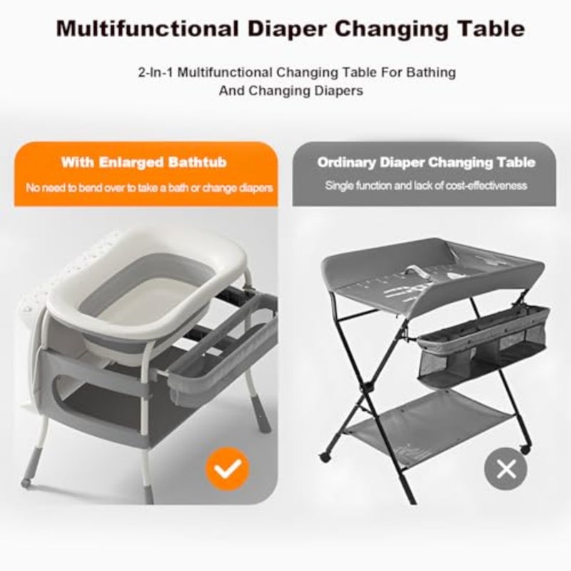 2 IN 1 Portable Baby Changing Table Foldable Bath Tub, with Bathmat Cushion Thermometer, Changing Table Dresser with Basket for Essentials, 3 Position Height Adjustable, for 0-6 Years Boy Girl - Image 2