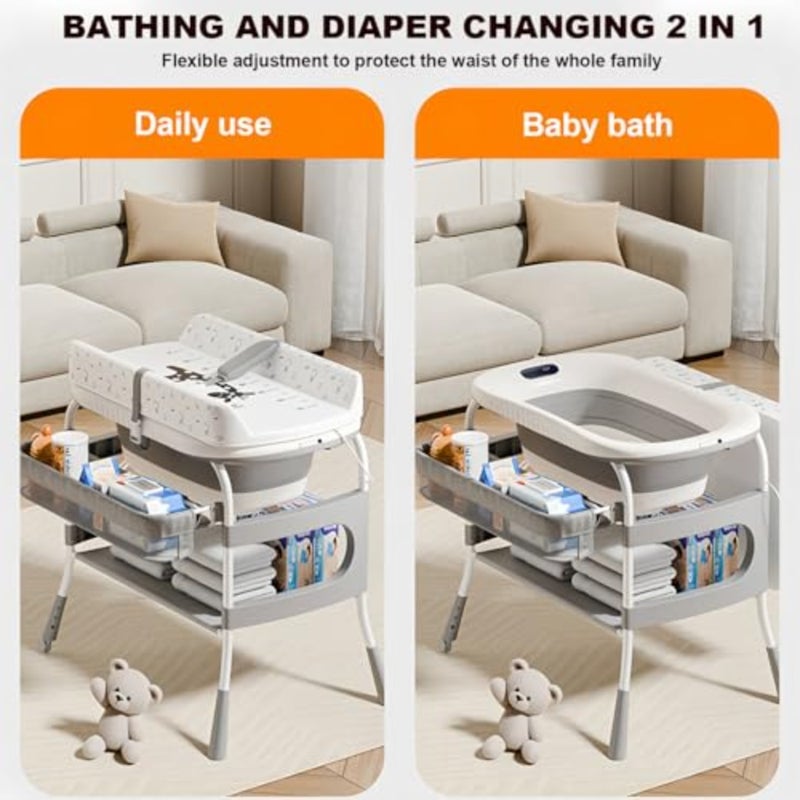 2 IN 1 Portable Baby Changing Table Foldable Bath Tub, with Bathmat Cushion Thermometer, Changing Table Dresser with Basket for Essentials, 3 Position Height Adjustable, for 0-6 Years Boy Girl - Image 3