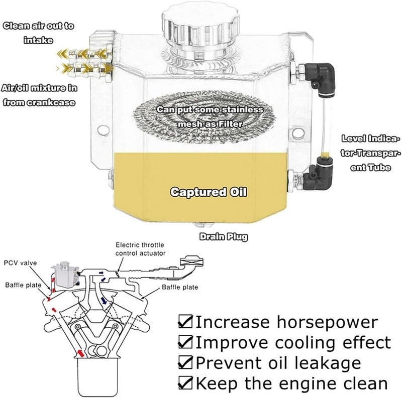 Coolant Tank Universal 1L/2L Aluminum Oil Catch Can Reservoir Tank Engine Coolant Radiator Overflow Oil Fuel Tank With Drain Plug Breather Coolant Expansion Tank - Image 5