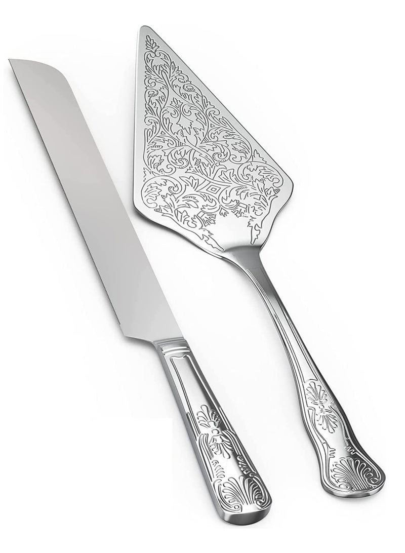 Set of 2 Rustic Wedding Cake Knife and Serving Set Wedding Cake Knife Serveing, Rustic Wedding Cake Knife Set for Parties Weddings Birthdays Anniversaries (Silver)  - Image 1