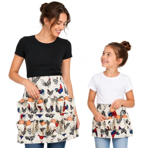 Hossmily 2 Pack Egg Apron Hossmily, Egg Collecting Apron for Chicken Duck Goose Eggs, Chicken Egg Apron for Housewife Farmhouse Kitchen Restaurant Parent-Child Activities, Adult 12 Pockets &Child 3 Pockets - Image 1